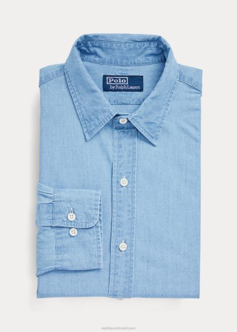 camisa de cambraia índigo de ajuste personalizado BD6J8649 homens Ralph Lauren nimes azul/branco