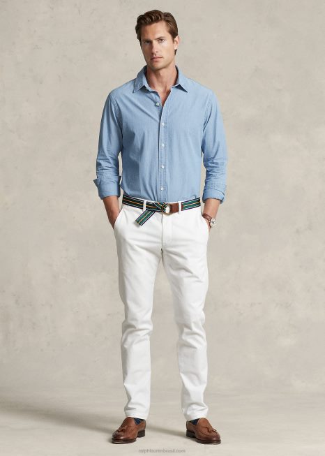 camisa de cambraia índigo de ajuste personalizado BD6J8649 homens Ralph Lauren nimes azul/branco