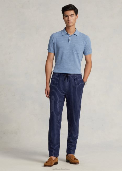 suéter de gola polo em linho de algodão BD6J405 homens Ralph Lauren canal azul