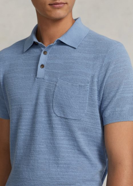 suéter de gola polo em linho de algodão BD6J405 homens Ralph Lauren canal azul