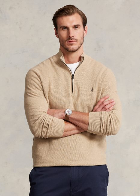 suéter de malha de algodão com zíper BD6J1916 homens Ralph Lauren melange de camelo