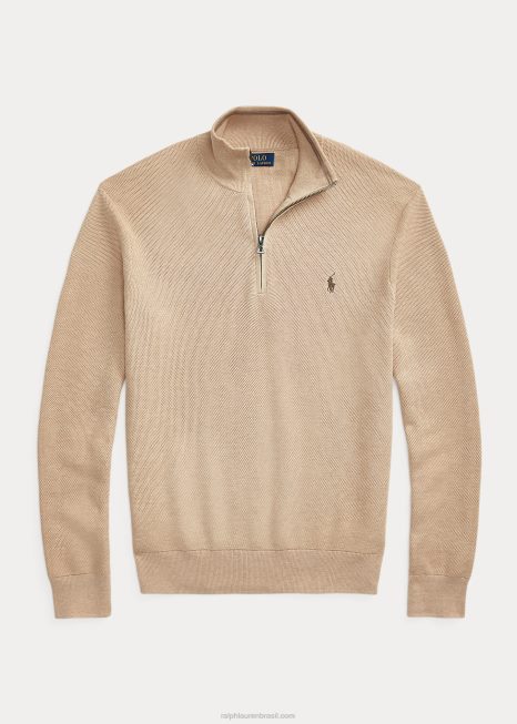 suéter de malha de algodão com zíper BD6J1916 homens Ralph Lauren melange de camelo
