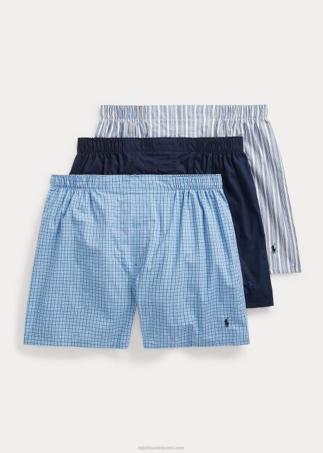 boxer de algodão tecido clássico com 3 unidades BD6J1442 homens Ralph Lauren xadrez listrado azul marinho/muller