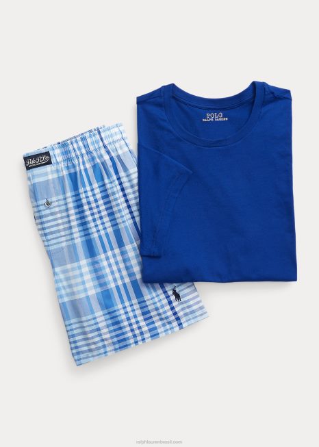 conjunto de boxer xadrez e gola redonda de algodão BD6J874 homens Ralph Lauren xadrez marinho/herança real