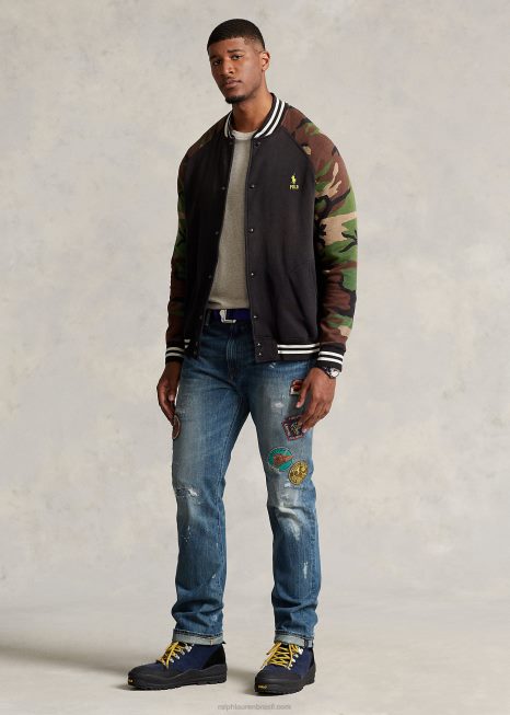 jaqueta de beisebol de lã de manga BD6J1389 homens Ralph Lauren preto multi