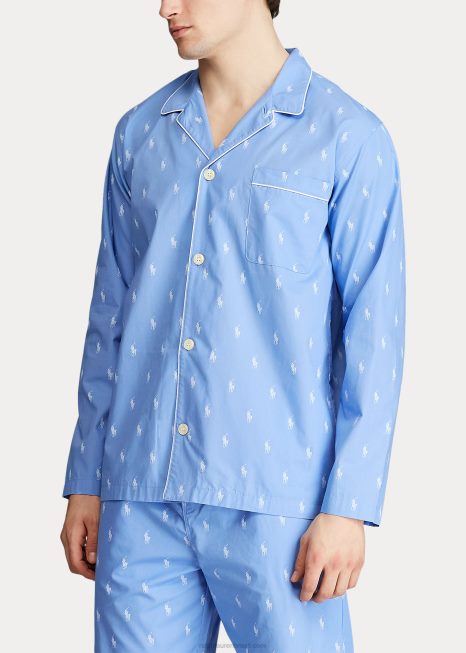 camisa de pijama pônei assinatura BD6J1647 homens Ralph Lauren praia azul/branca