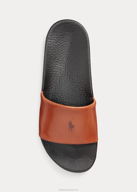 slide de couro de pônei de assinatura BD6J2055 homens Ralph Lauren castanho escuro/avermelhado claro