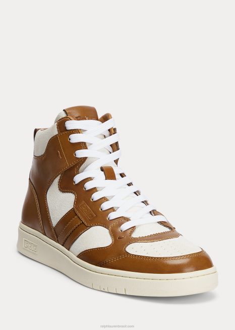 tênis cano alto em camurça corte de couro BD6J2003 homens Ralph Lauren bronzeado polido