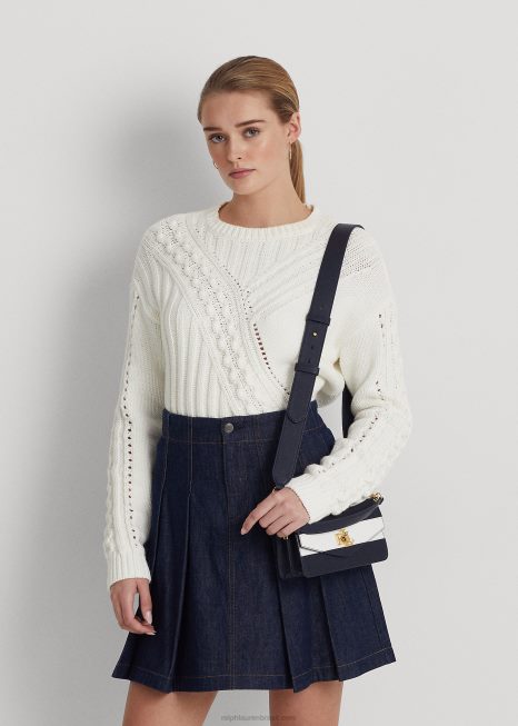 bolsa transversal tayler pequena em couro BD6J5450 mulheres Ralph Lauren marinho refinado/listra branca
