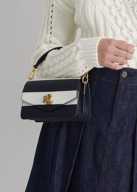 bolsa transversal tayler pequena em couro BD6J5450 mulheres Ralph Lauren marinho refinado/listra branca