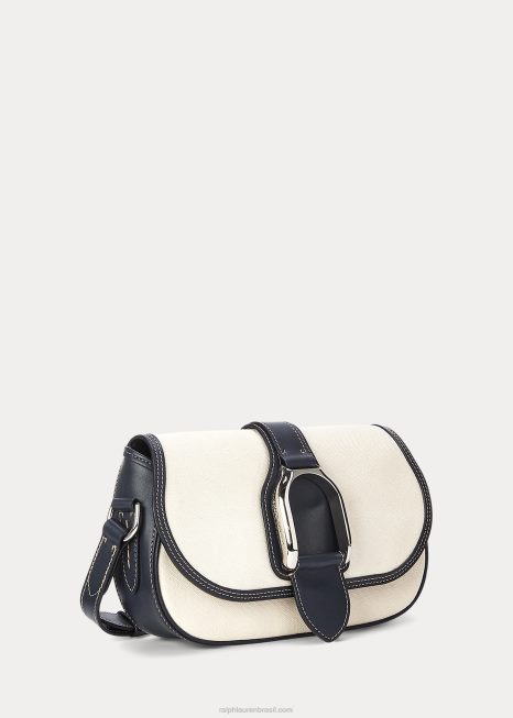 bolsa de ombro welington em lona e couro de bezerro BD6J5274 mulheres Ralph Lauren natural/marinho