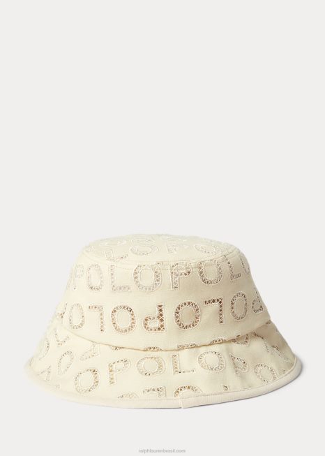 chapéu bucket com logo bordado e ilhós BD6J9734 mulheres Ralph Lauren creme