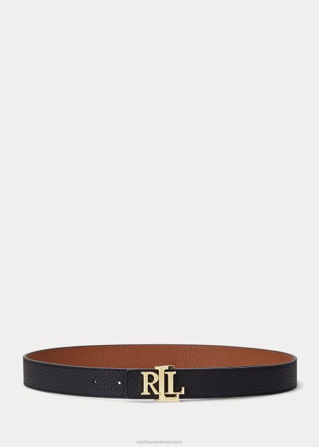 cinto de couro cascalho reversível com logo BD6J4938 mulheres Ralph Lauren preto/castanho