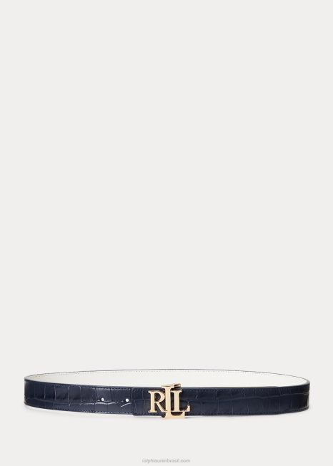 cinto de couro reversível com logo BD6J4905 mulheres Ralph Lauren marinho refinado/branco
