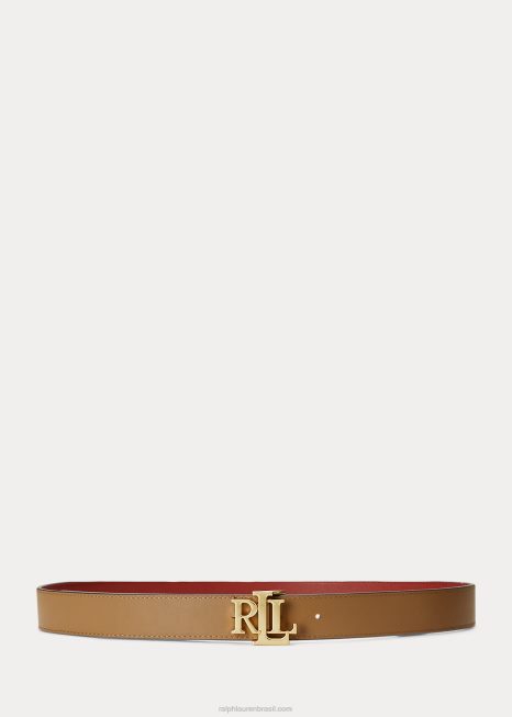 cinto de couro reversível com logo BD6J4953 mulheres Ralph Lauren pedra do sol vermelha/camelo