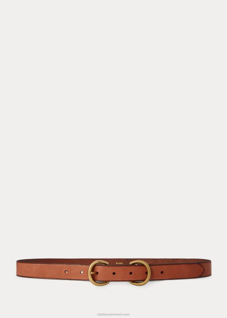 cinto duplo d-ring de couro de bezerro BD6J5514 mulheres Ralph Lauren cuoio