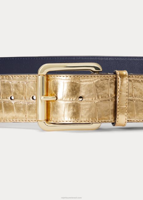 cinto largo de couro com relevo metálico BD6J4955 mulheres Ralph Lauren ouro moderno