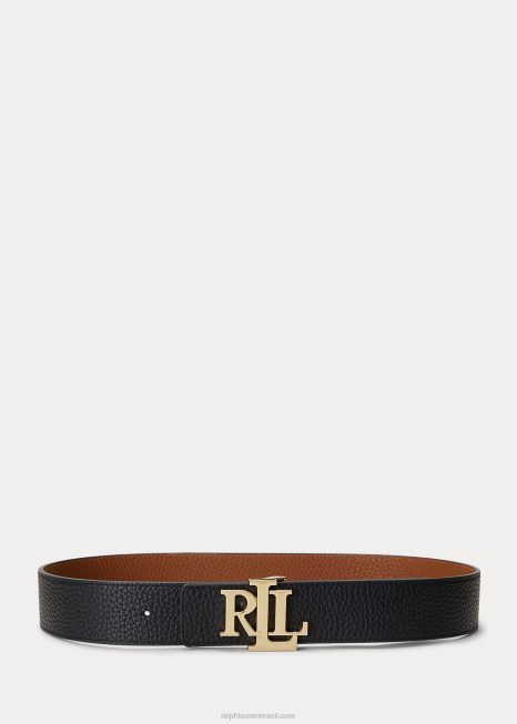cinto largo de couro granulado reversível BD6J4921 mulheres Ralph Lauren preto/castanho