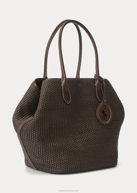 bolsa grande bellport de palha com acabamento em couro BD6J5223 mulheres Ralph Lauren chocolate
