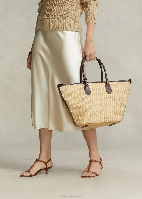 bolsa média bellport de palha com acabamento em couro BD6J5198 mulheres Ralph Lauren natural