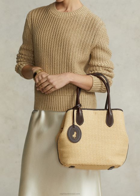 bolsa média bellport de palha com acabamento em couro BD6J5198 mulheres Ralph Lauren natural