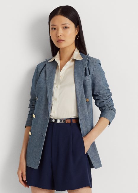 blazer de cambraia trespassado BD6J4828 mulheres Ralph Lauren lavagem azul berilo