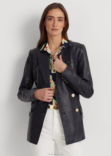 blazer de couro napa BD6J4865 mulheres Ralph Lauren marinha