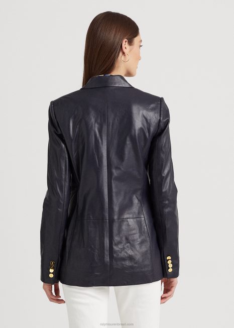 blazer de couro napa BD6J4865 mulheres Ralph Lauren marinha