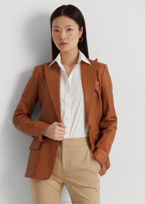 blazer de pele de cordeiro BD6J3820 mulheres Ralph Lauren cuoio