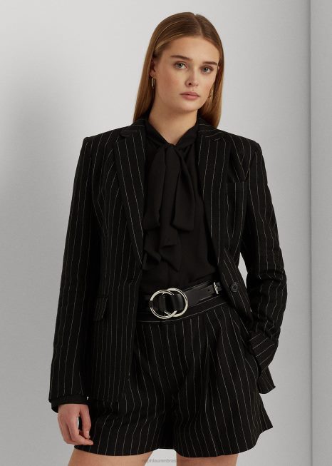 blazer de sarja risca de giz mescla de linho BD6J9519 mulheres Ralph Lauren preto/creme