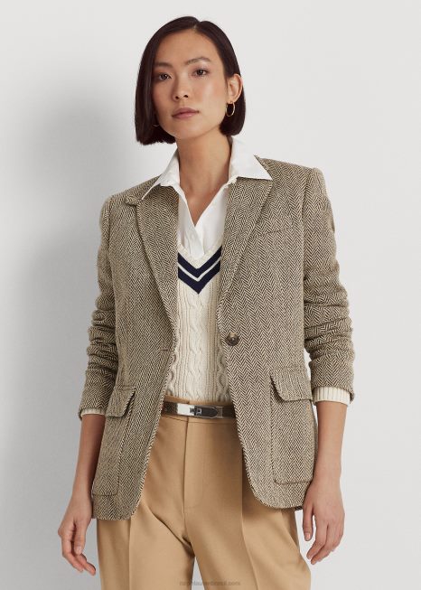 blazer espinha de peixe mescla de linho BD6J3979 mulheres Ralph Lauren marrom/creme
