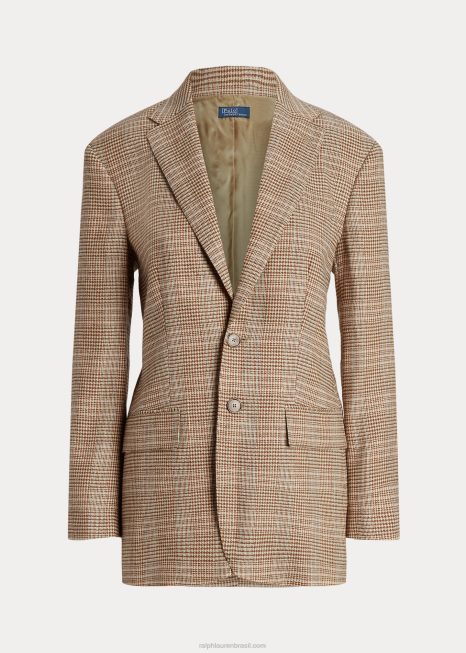 blazer tweed xadrez lã linho BD6J9193 mulheres Ralph Lauren xadrez rosa marrom