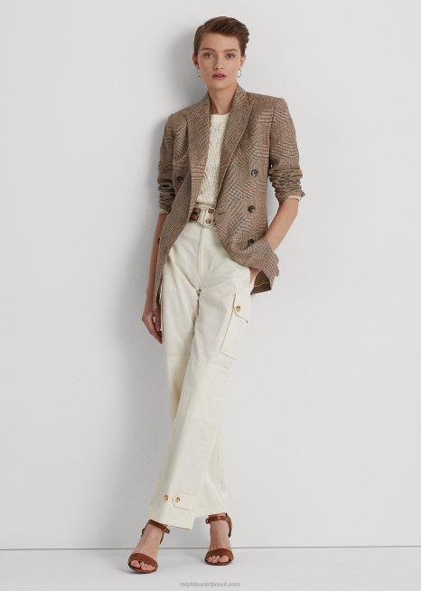 blazer xadrez de linho glen com abotoamento duplo BD6J4095 mulheres Ralph Lauren marrom/creme multi