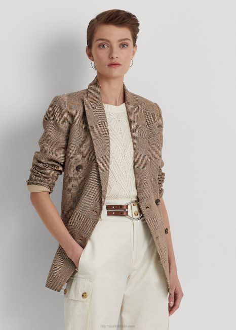 blazer xadrez de linho glen com abotoamento duplo BD6J4095 mulheres Ralph Lauren marrom/creme multi