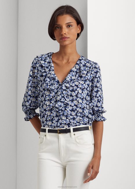 blusa crepe floral BD6J4411 mulheres Ralph Lauren multi azul
