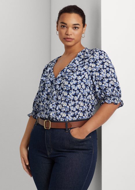 blusa crepe floral BD6J4666 mulheres Ralph Lauren multi azul