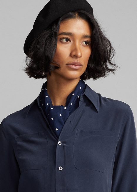 blusa crepe seda BD6J3662 mulheres Ralph Lauren marinha