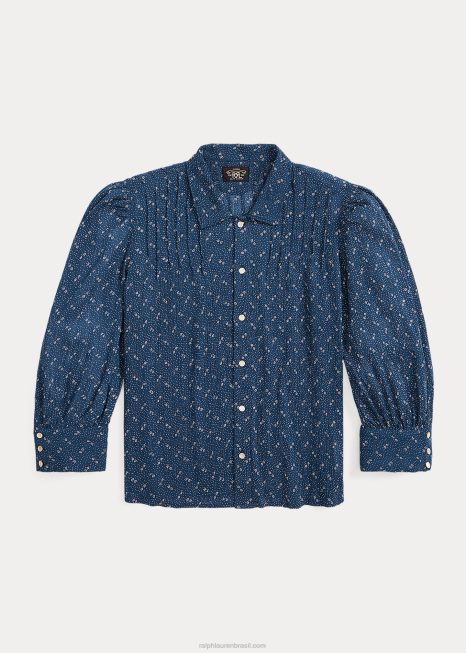 blusa de voile de algodão amassado floral BD6J3652 mulheres Ralph Lauren azul