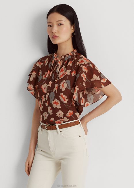 blusa gola plissada georgette floral BD6J3804 mulheres Ralph Lauren marrom/laranja/creme