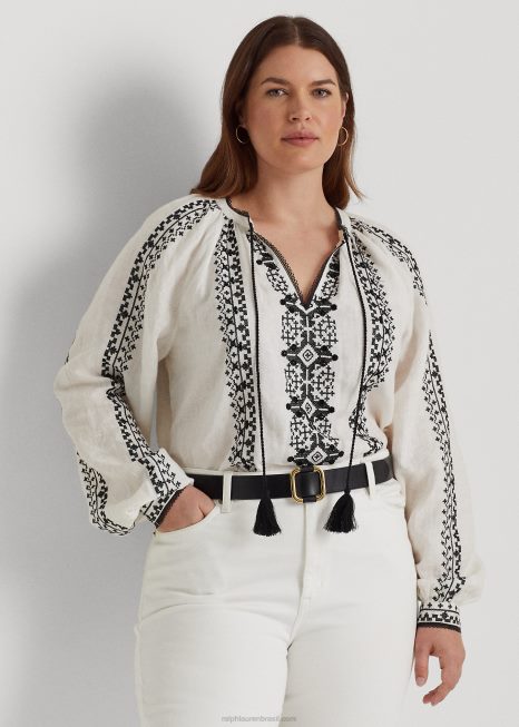 blusa linho bordada BD6J4561 mulheres Ralph Lauren Branco preto