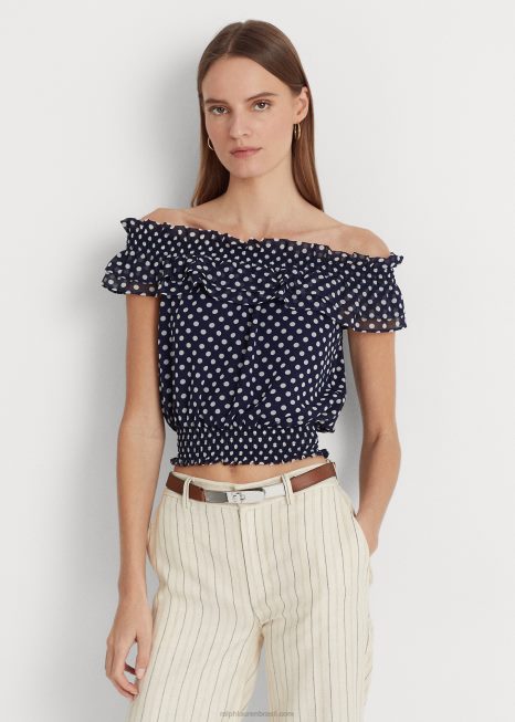 blusa ombro a ombro de bolinhas BD6J3961 mulheres Ralph Lauren marinho/creme