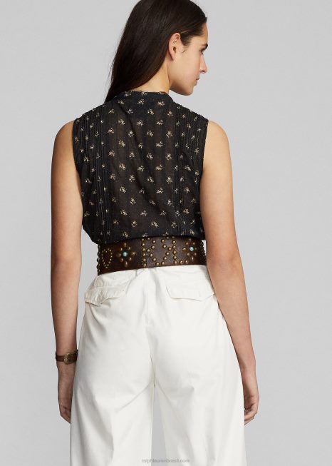blusa sem mangas jacquard de algodão floral BD6J3629 mulheres Ralph Lauren preto/creme