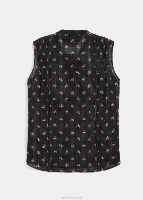 blusa sem mangas jacquard de algodão floral BD6J3629 mulheres Ralph Lauren preto/creme
