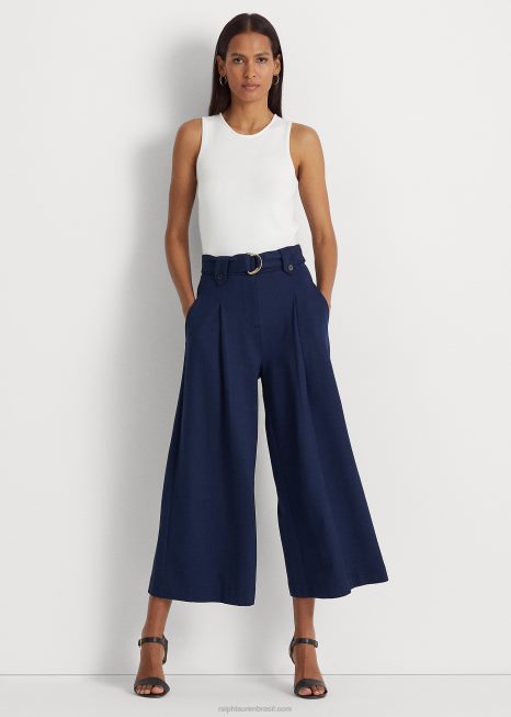 calça cropped ponte plissada com cinto BD6J4382 mulheres Ralph Lauren marinha refinada