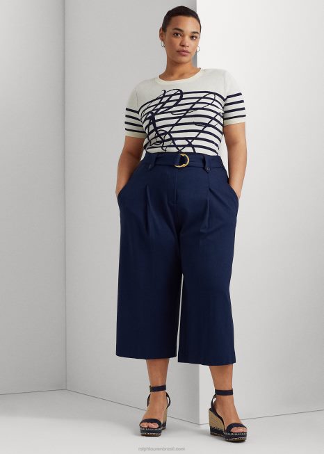 calça cropped ponte plissada com cinto BD6J4674 mulheres Ralph Lauren marinha refinada