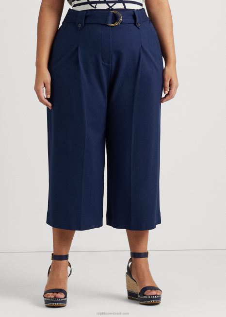 calça cropped ponte plissada com cinto BD6J4674 mulheres Ralph Lauren marinha refinada