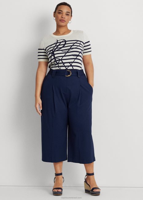 calça cropped ponte plissada com cinto BD6J4674 mulheres Ralph Lauren marinha refinada