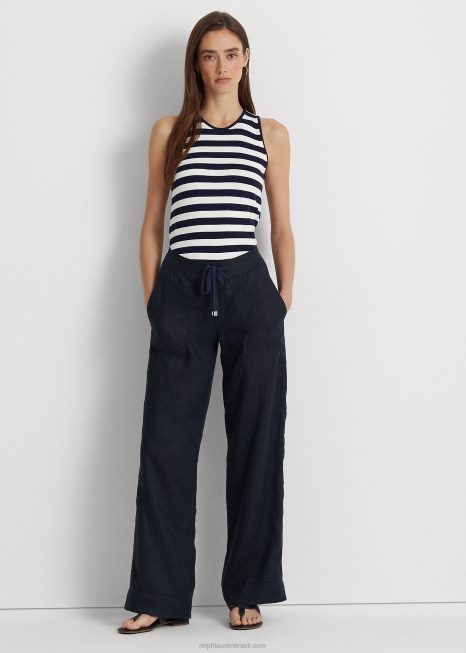 calça larga de linho BD6J3965 mulheres Ralph Lauren marinha
