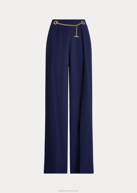 calça larga plissada georgette com cinto BD6J4087 mulheres Ralph Lauren marinha refinada