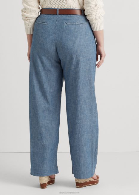 calça pantalona plissada cambraia BD6J4603 mulheres Ralph Lauren lavagem azul berilo
